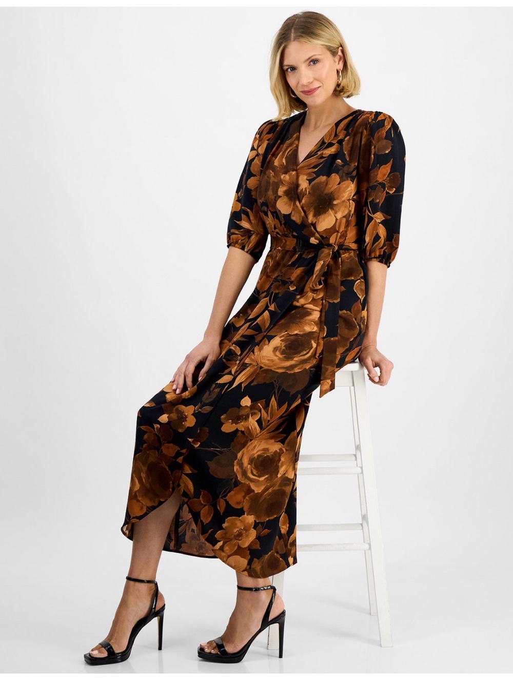 Faux-Wrap Maxi Dress in Black and Brown Floral - Picture 5 of 7